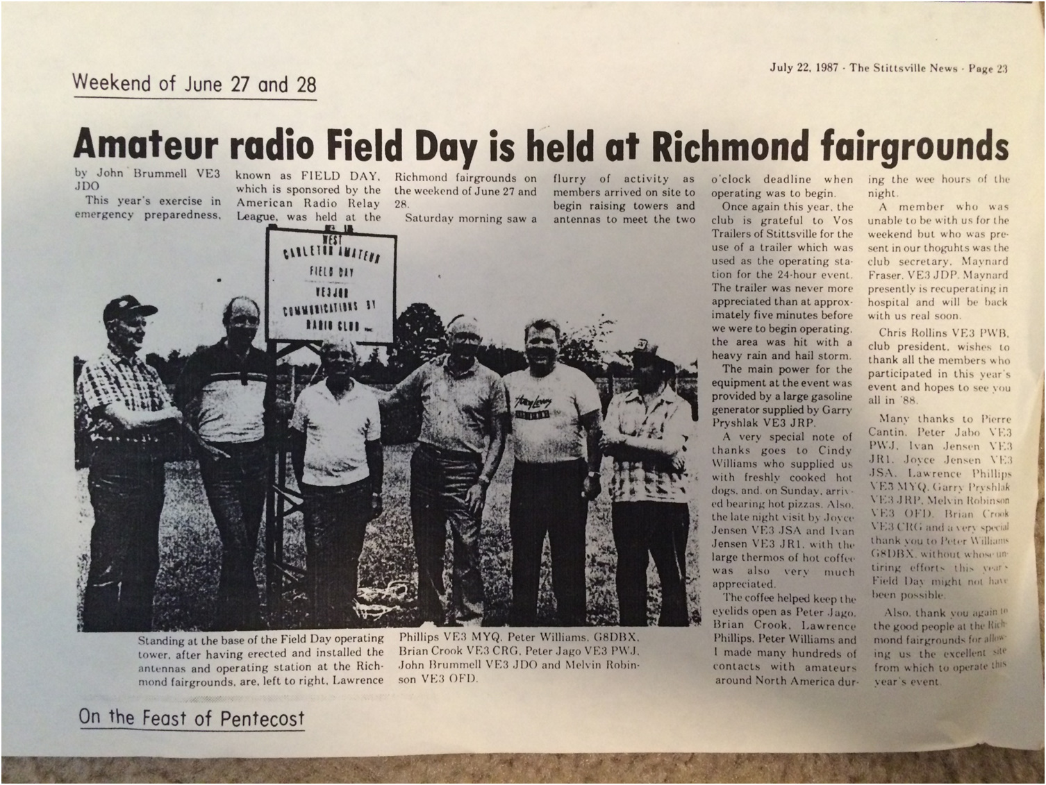 "Amateur radio Field Day is held at Richmond fairgrounds" from the Stittsville News, July 22, 1987