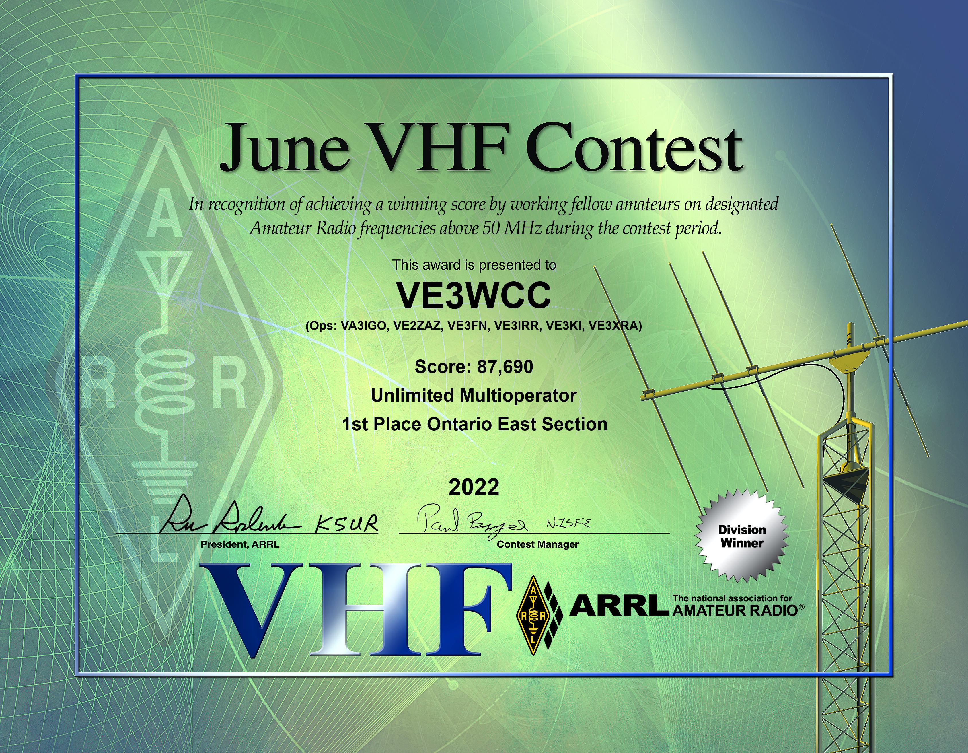 2022 June VHF Contest certificate